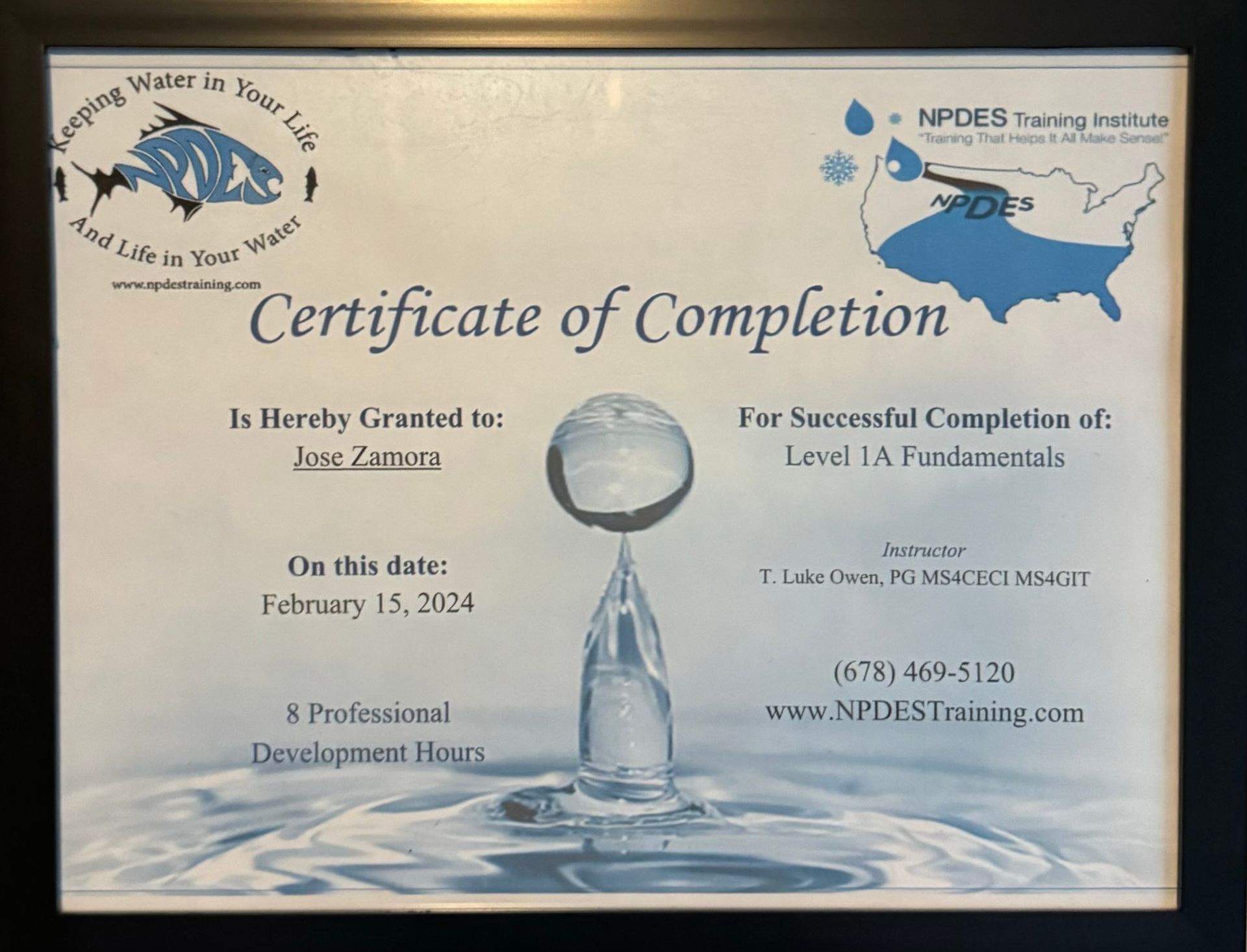 Certificate of Completion for Jose Zamor, Level LA Fundamentals, issued February 15, 2024. Blue and white design with water droplet.