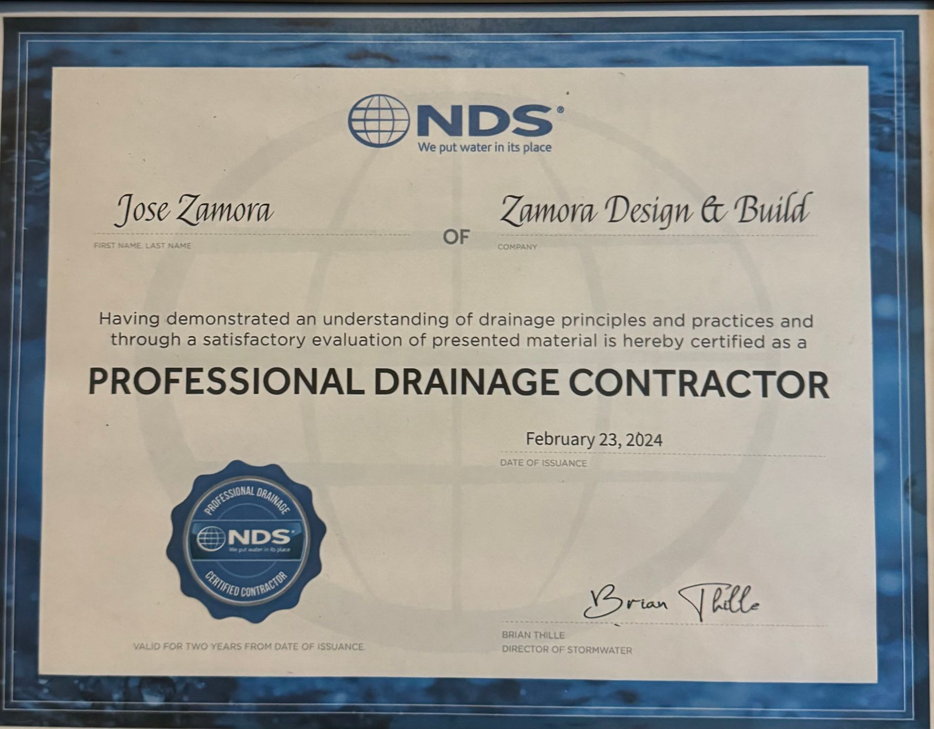 Certificate: Jose Zamora, Professional Drainage Contractor, certified by NDS. Dated February 23, 2004.