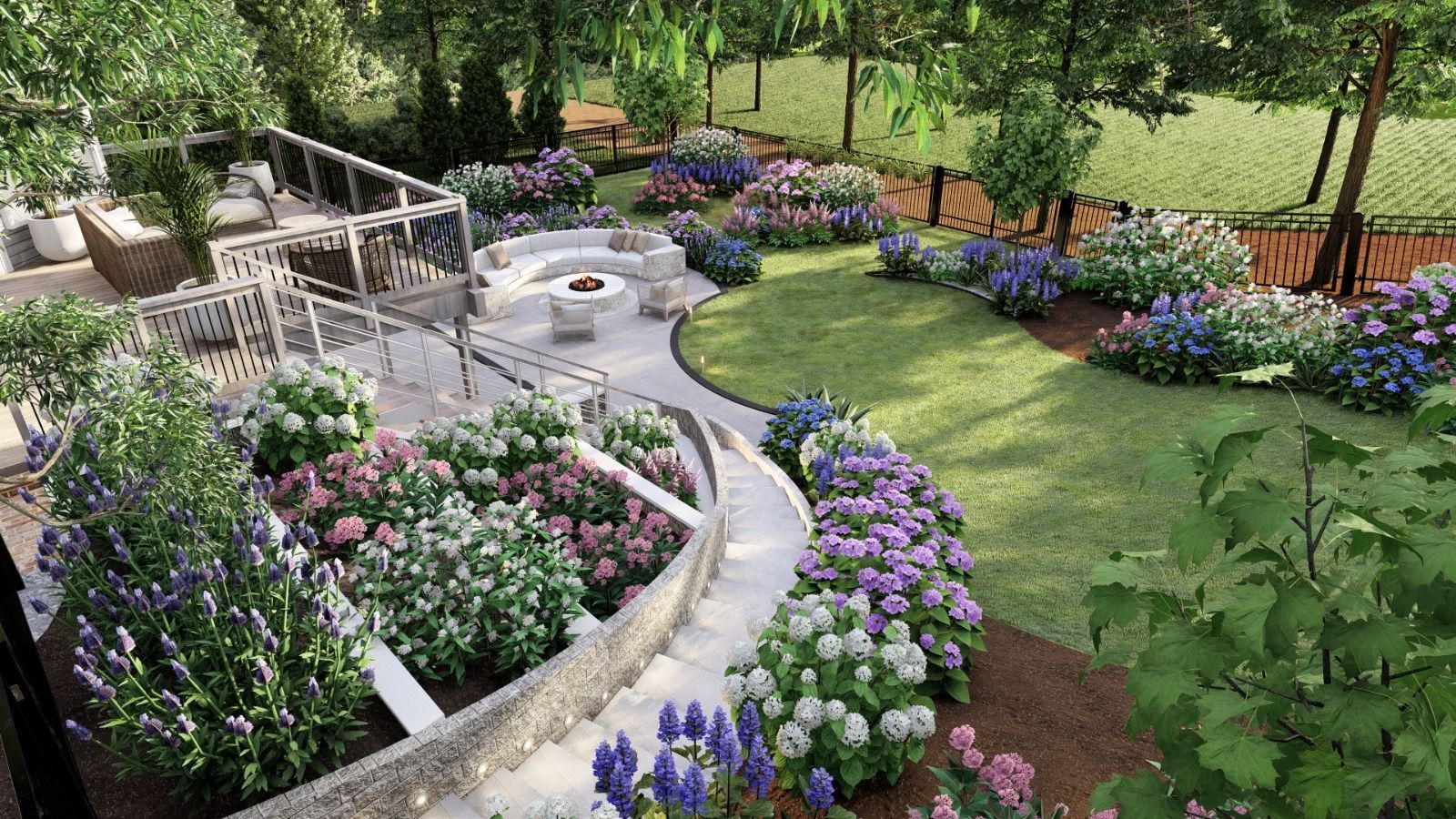 A lush backyard with a fire pit, walkways, and colorful flower beds.