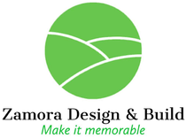 Green logo: a circle with white curved lines, over the name "Zamora Design & Build" and tagline "Make it memorable."