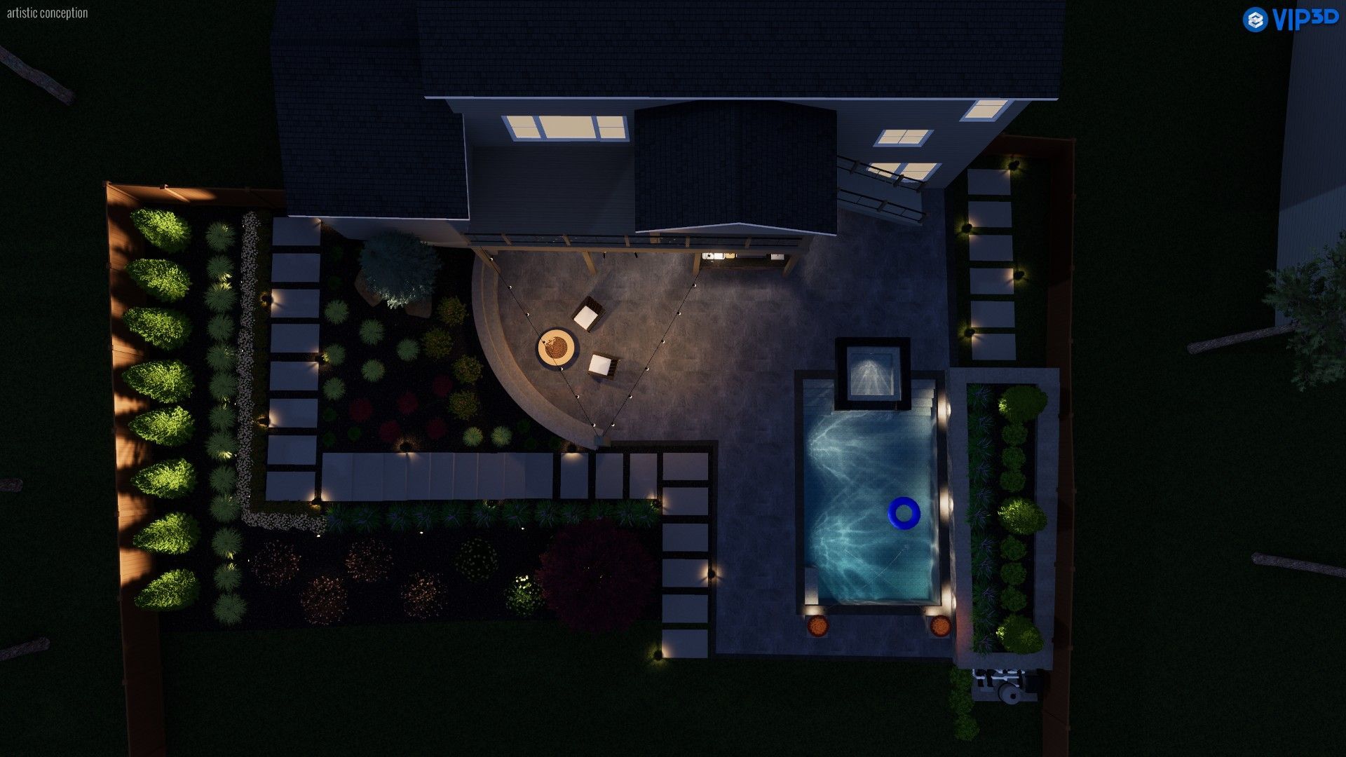 Nighttime aerial view of a backyard with a pool, patio, landscaping, and house. Lit pathways.