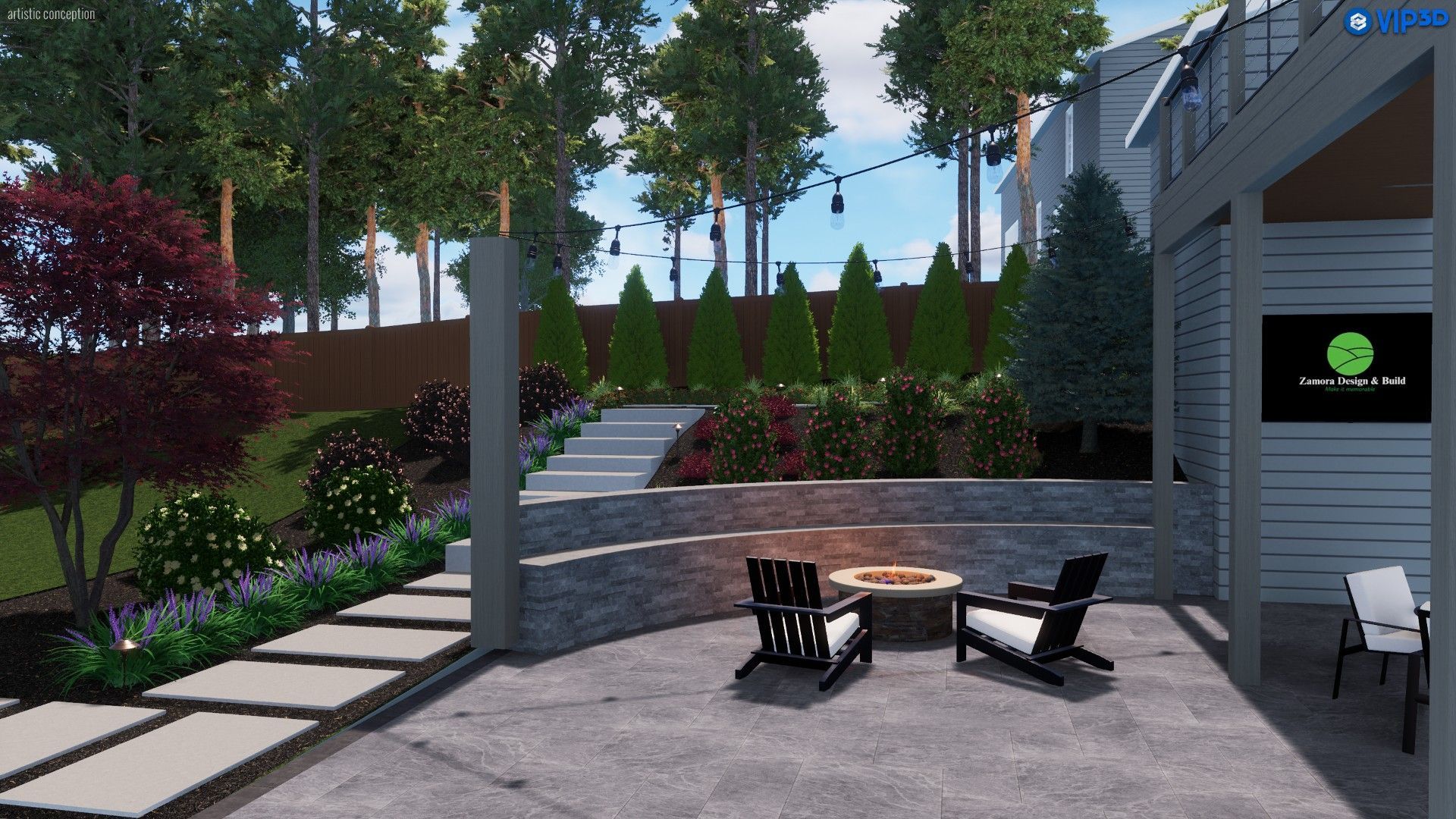 Backyard patio with fire pit, seating, and tiered landscaping with trees and string lights.