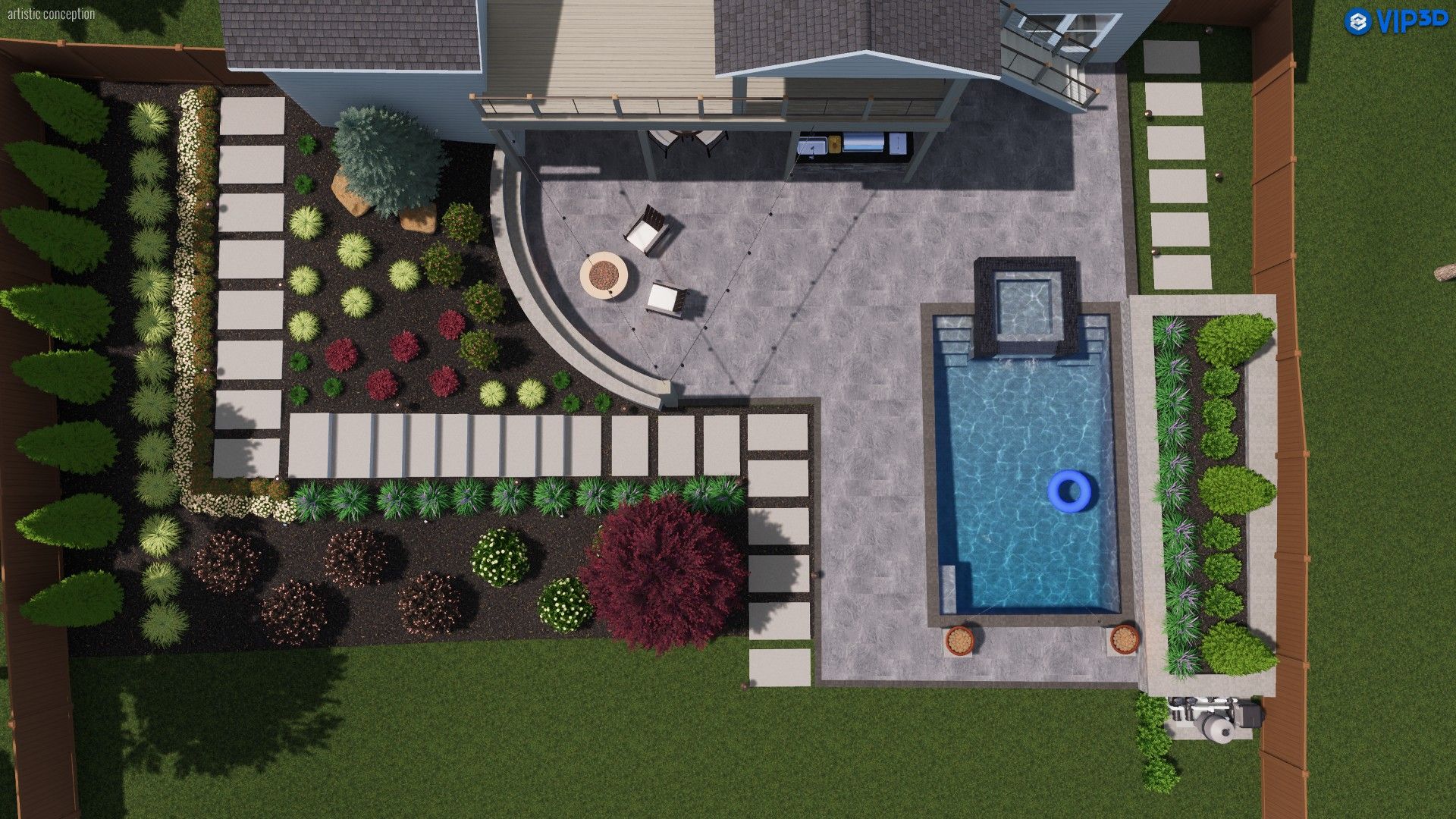 Overhead view of a backyard with a pool, patio, landscaping, and seating areas.