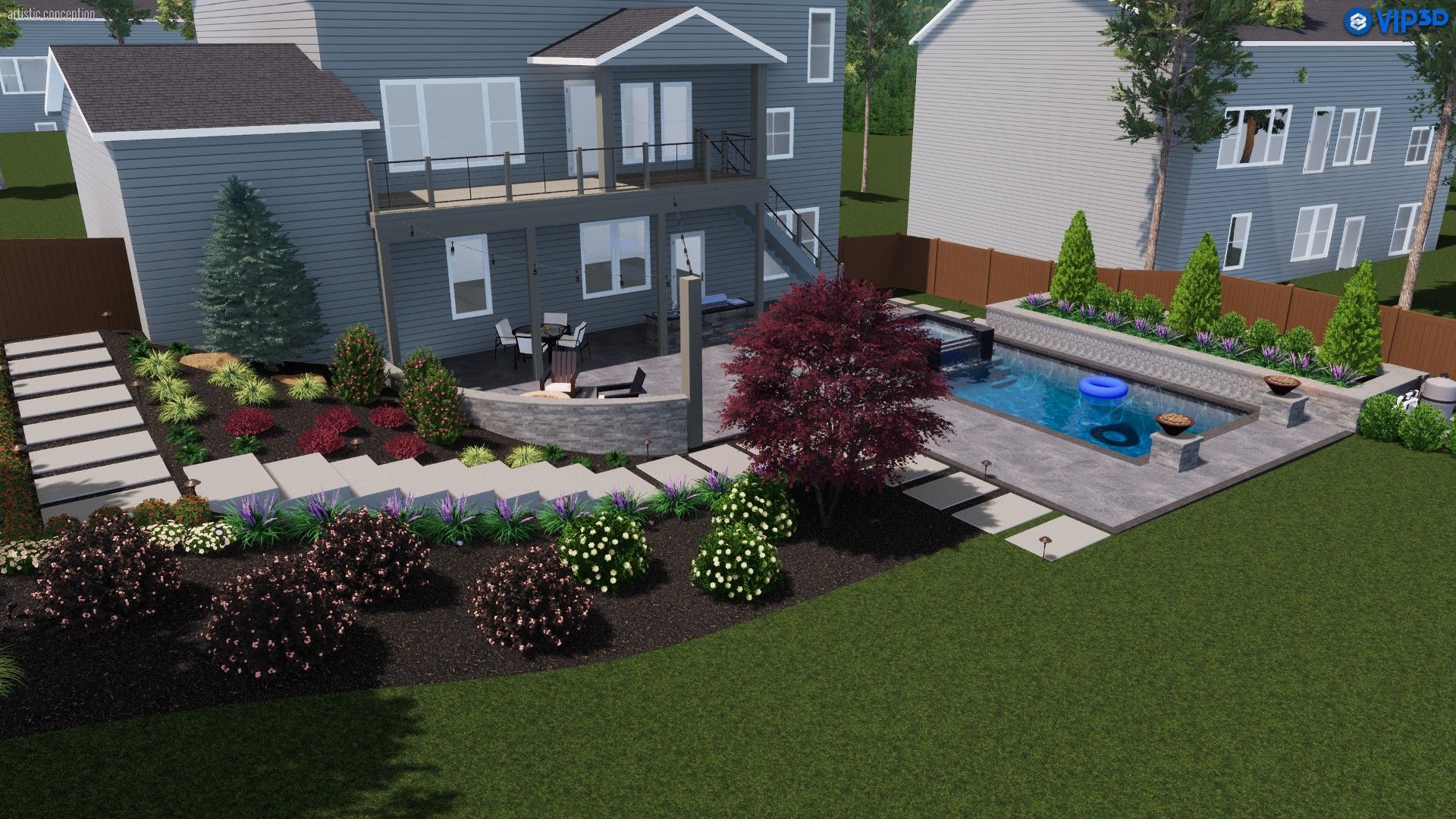 Backyard landscape with pool, deck, patio, and garden beds.