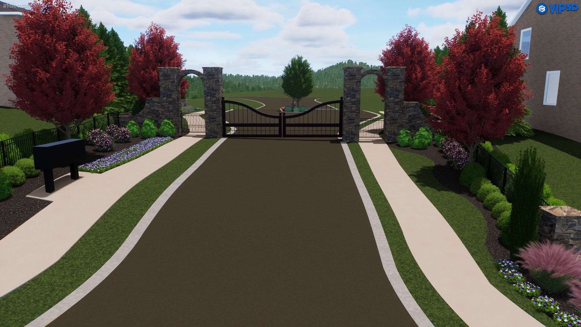 Gated driveway entrance with stone pillars, decorative iron gates, lush landscaping, and vibrant fall trees.