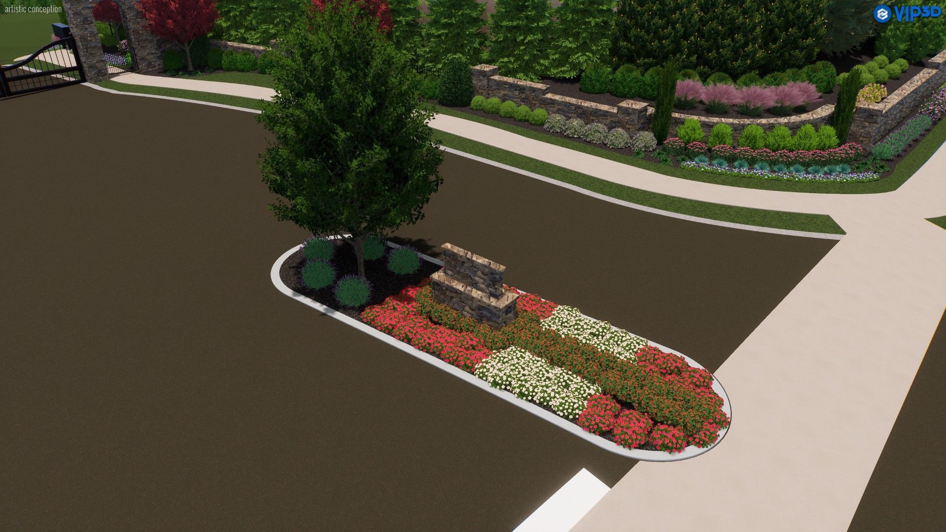 Landscaped garden bed with flowers, small tree, and stone wall on a curved driveway.