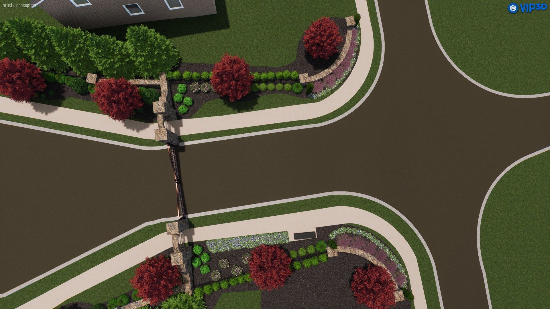 Overhead view of a road intersection with landscaped medians featuring trees, plants, and stone walls.