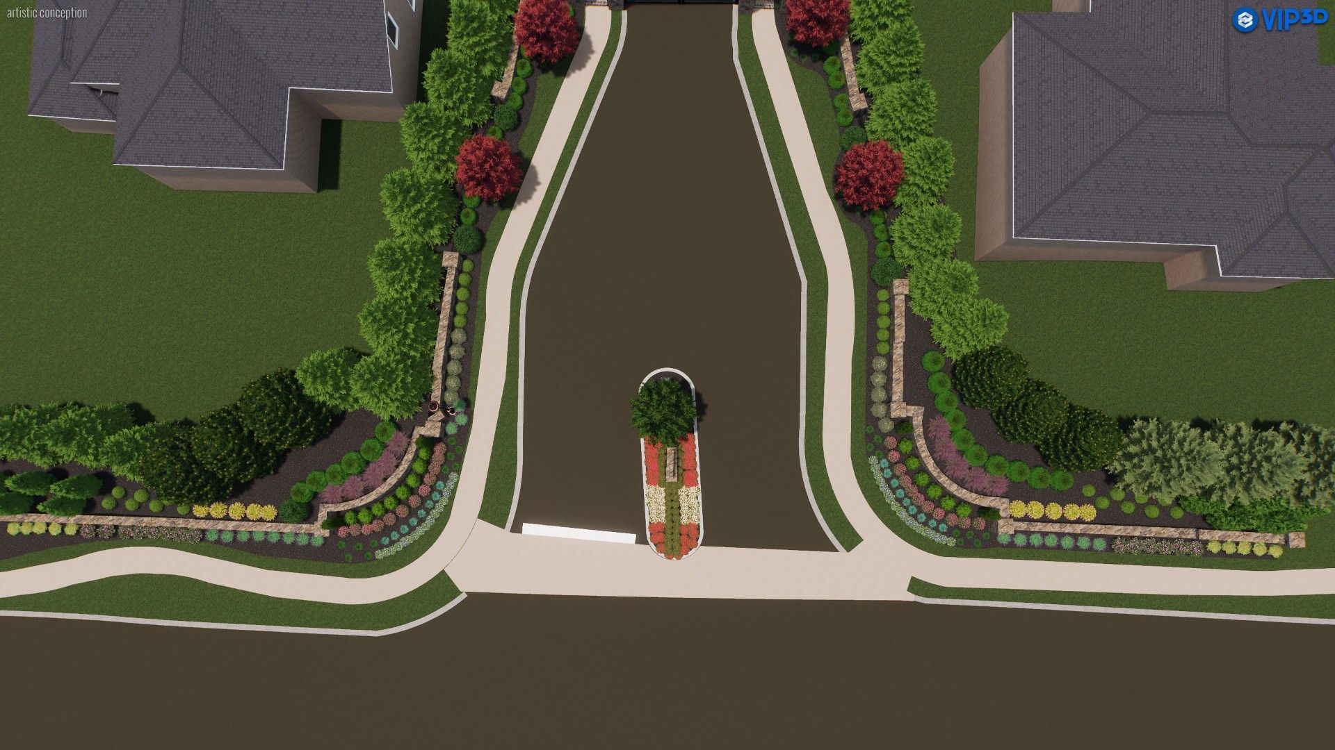 Overhead view of an entrance with a central island, trees, shrubs, and landscaped borders, flanked by buildings and walkways.