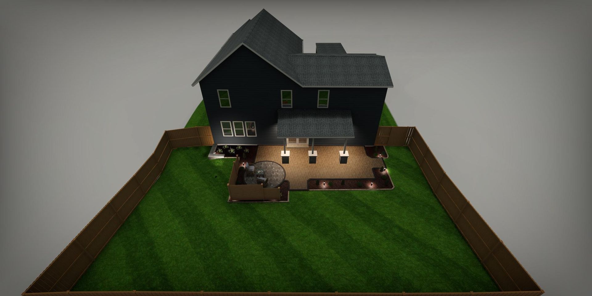 A model of a dark house with a deck and backyard surrounded by a brown fence.