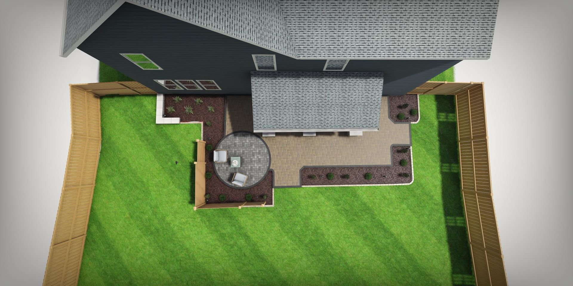 Overhead view of a backyard with a house, patio, landscaping, and a wooden fence surrounding a green lawn.