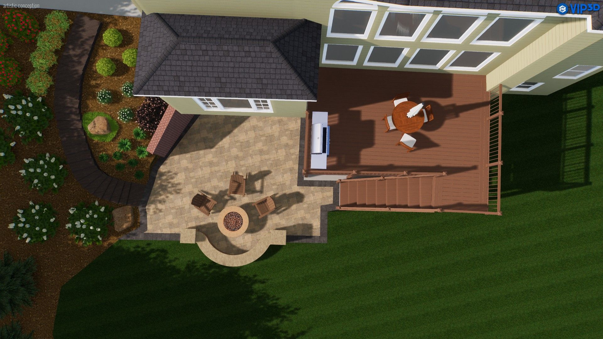 Overhead view of a house with a deck, patio, and landscaped yard.