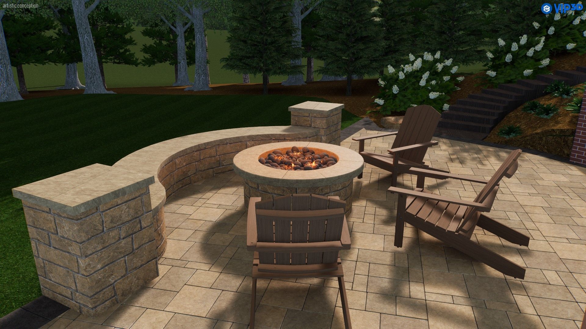 Patio with fire pit, seating, brick pillars, trees, and lush greenery.
