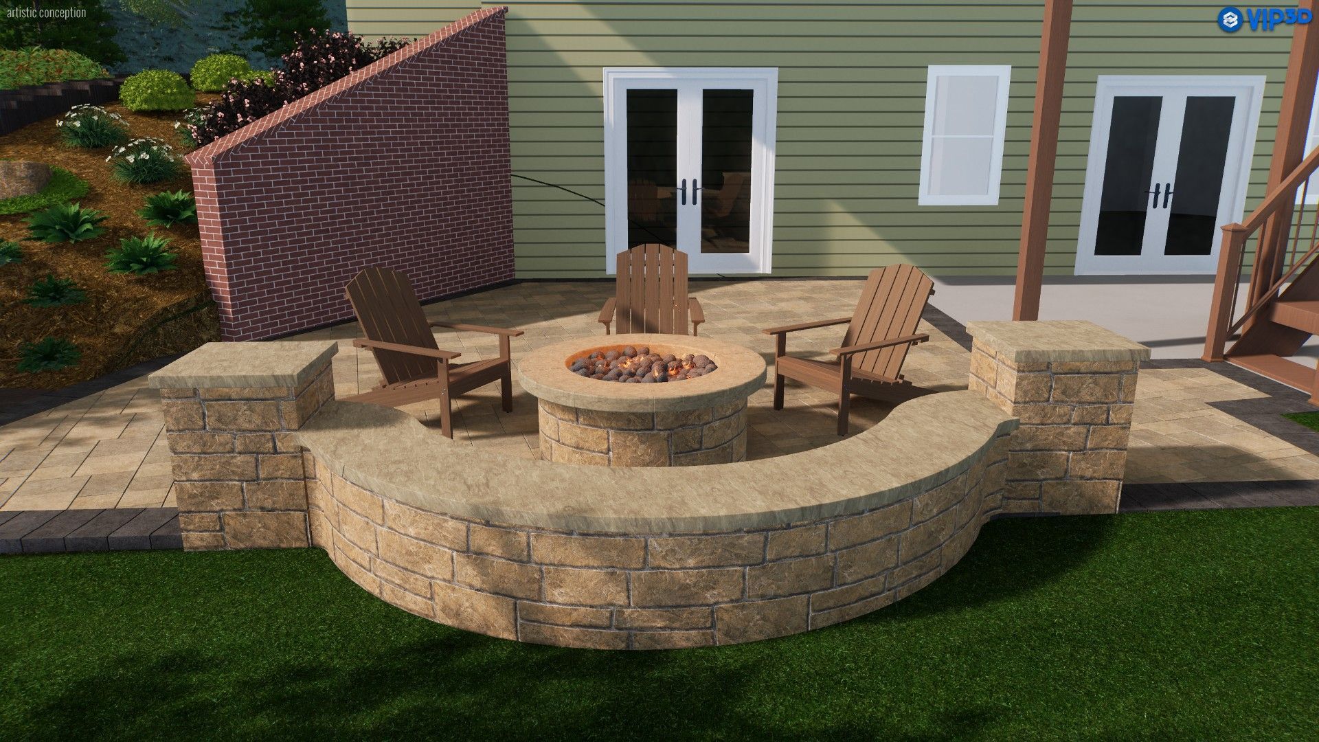 Backyard patio with fire pit, chairs, and house with glass doors.