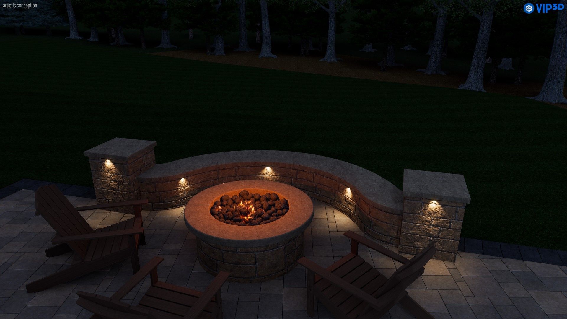 Lit fire pit and seating area on a patio at night.