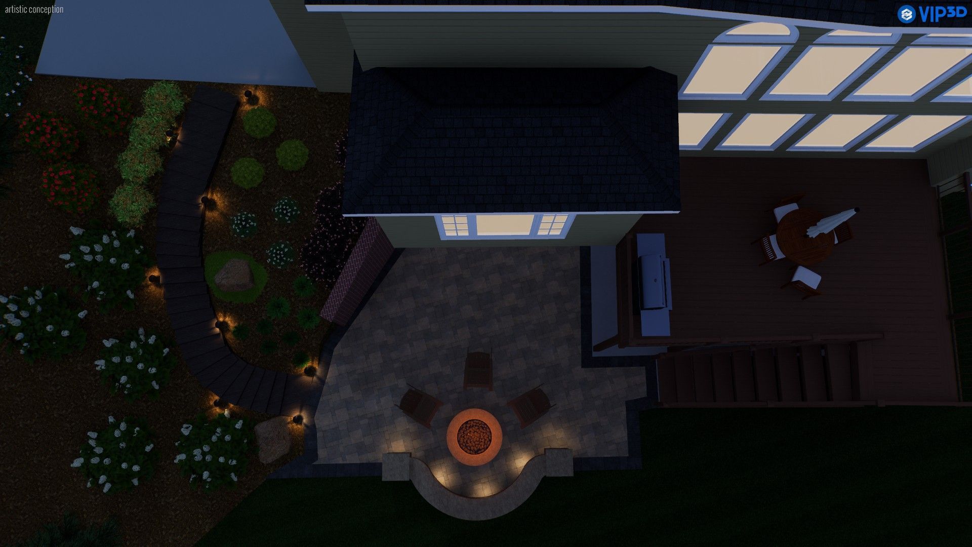 Overhead view of a house at night, with a lit fire pit, patio, deck, and pathway with landscape lighting.