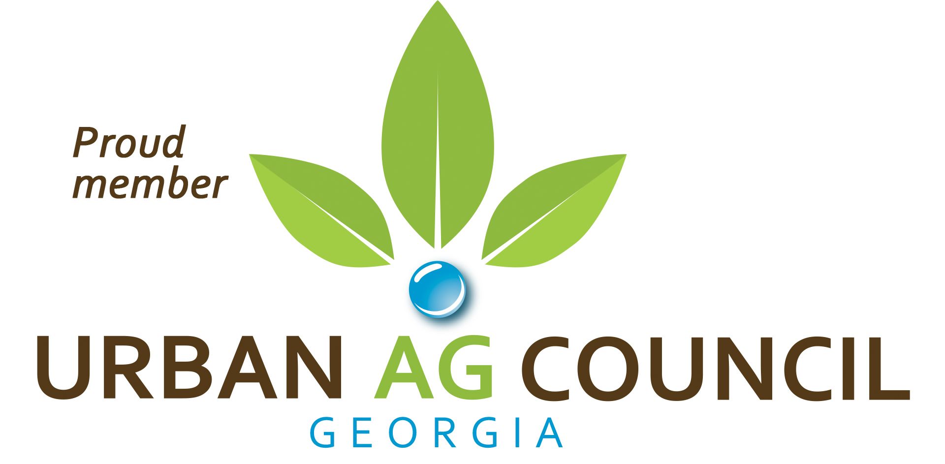 Logo of the Urban Ag Council Georgia, with green leaves, a blue orb, and text.