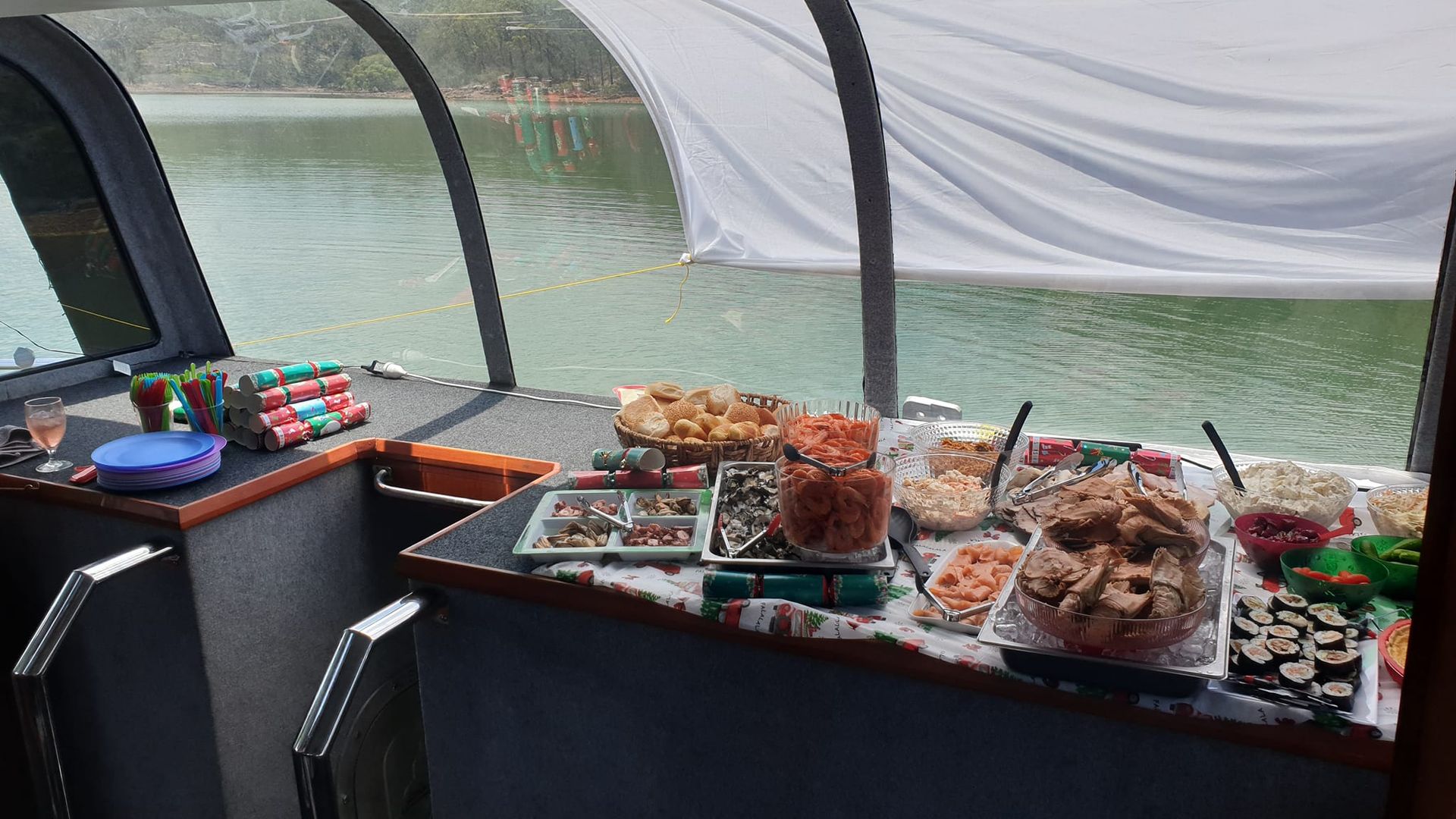 Buffet Spread on A Boat, Including Snacks, Sushi, and Dips — YKnot Cruises in Nelson Bay, NSW