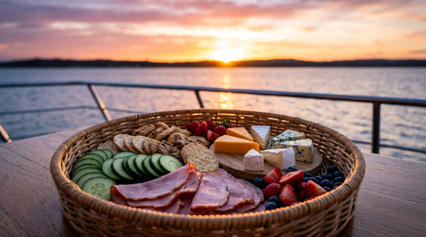 A wicker basket with crackers, cheese, ham, cucumbers, and berries sits on a boat deck during a scenic sunset.
