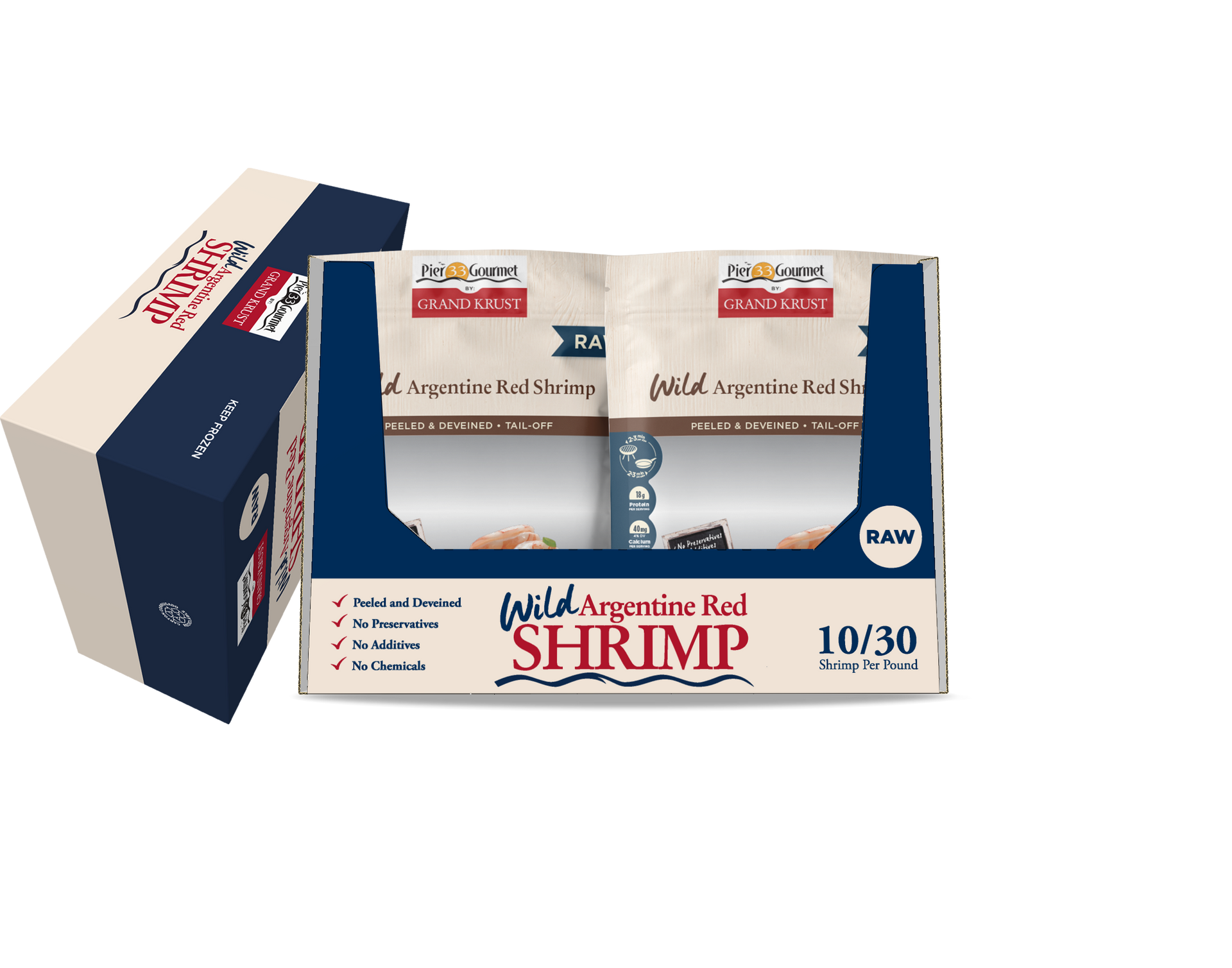 A box and packaging of Wild Argentine Red Shrimp. The box is navy and white. The inner packaging shows the shrimp.