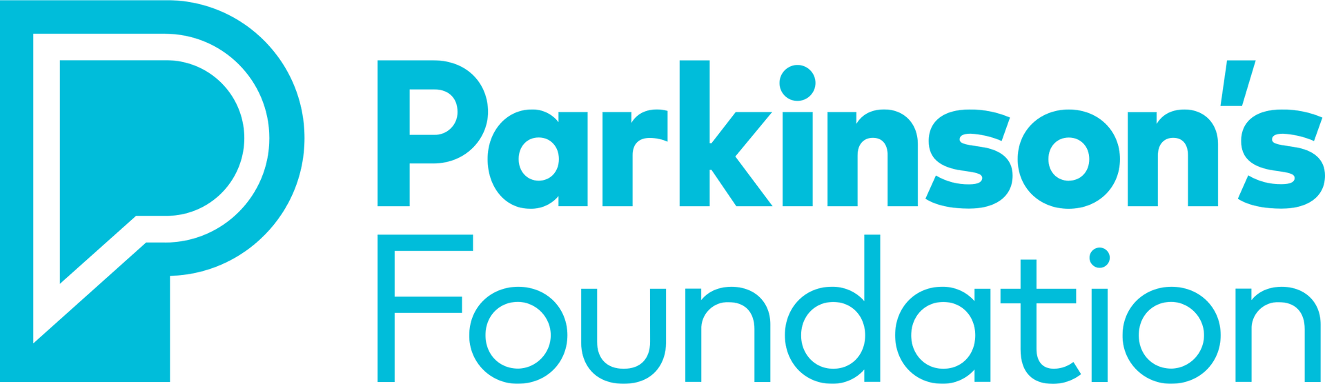 Logo for Parkinson's Foundation, with a blue speech bubble and text in blue.