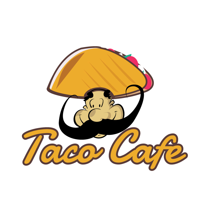 Logo for Taco Cafe: a cartoon man with a mustache wearing a taco as a hat. The words 