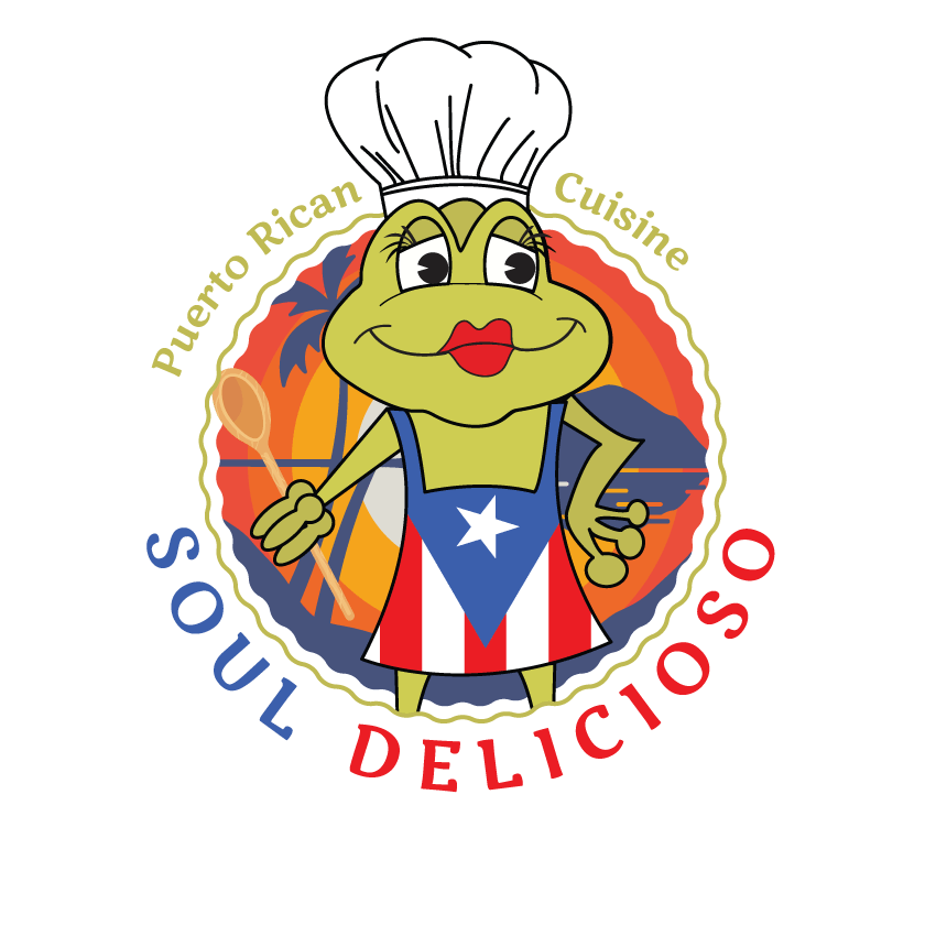 A cartoon frog chef wearing a Puerto Rican flag apron, holding a spoon, and wearing a chef hat. 