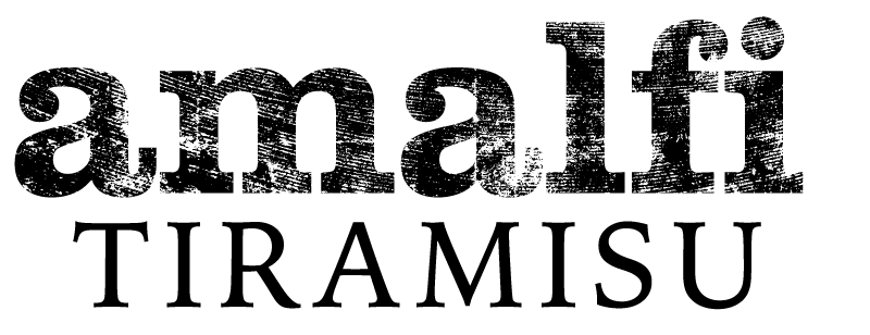 Amalfi tiramisu logo with textured black font.