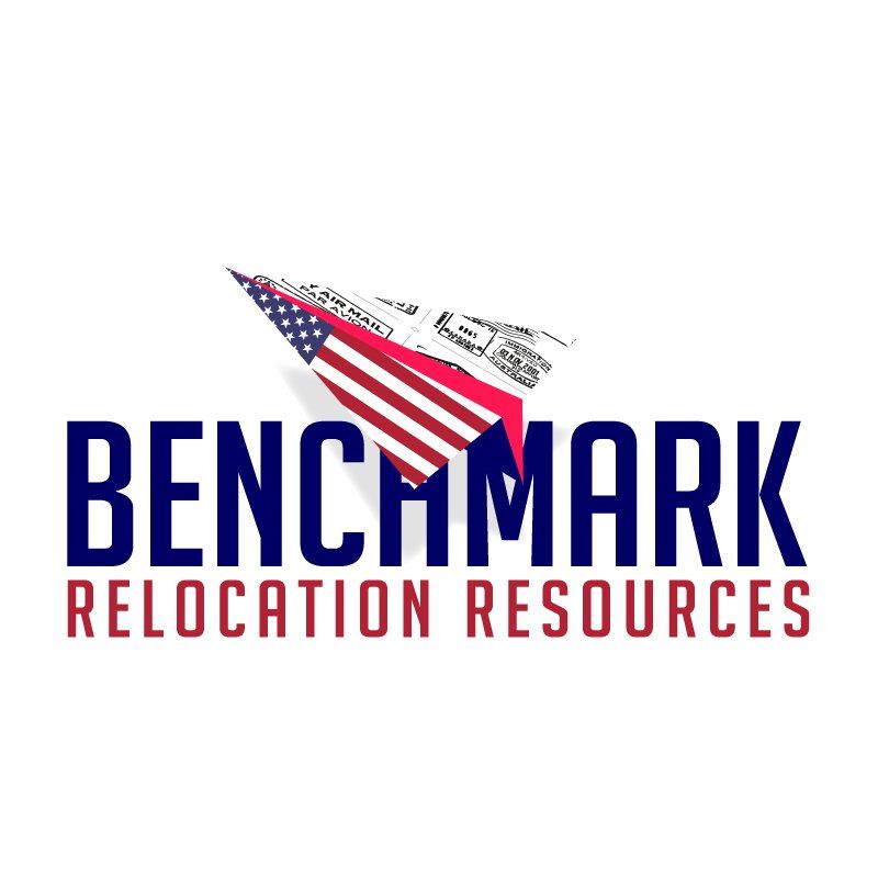 Logo for Benchmark Relocation Resources. A paper airplane with the American flag design is above the business name in blue and red text.
