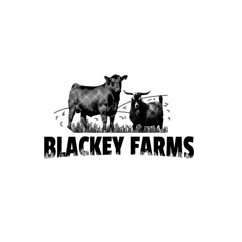 Black and white logo featuring a cow and goat grazing in front of the words 