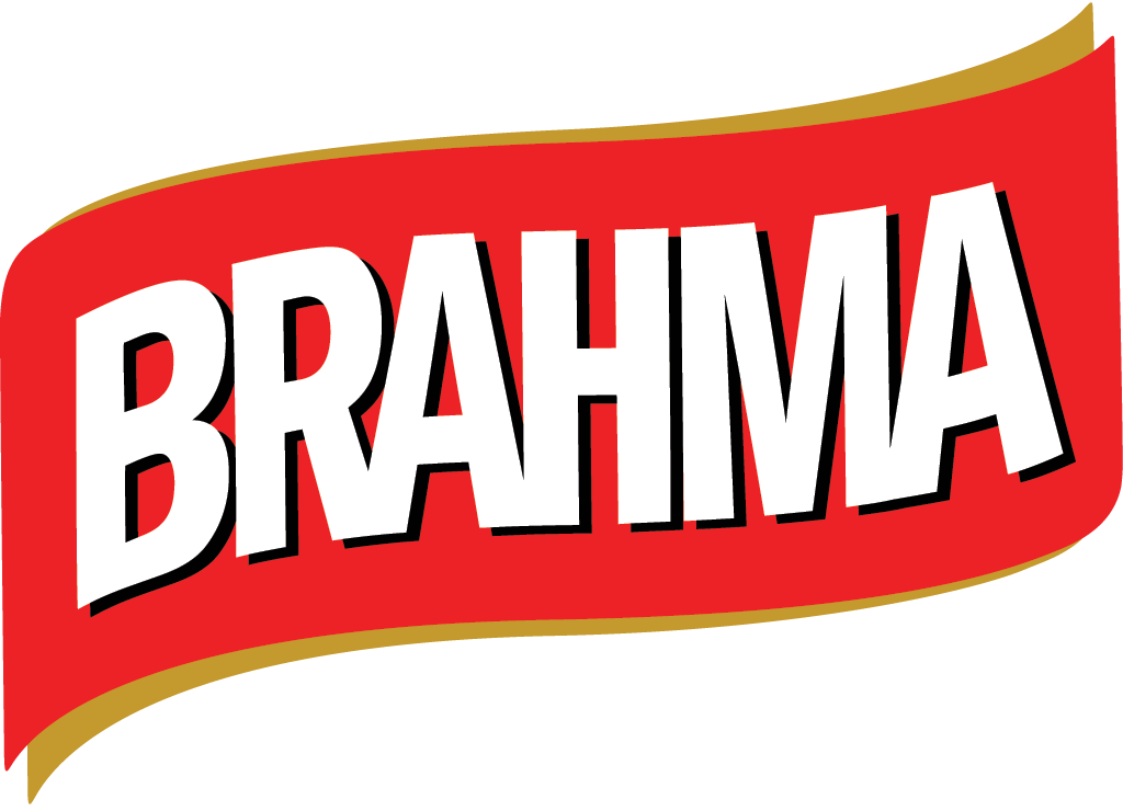 Brahma beer logo: white wordmark on a red banner with gold trim.