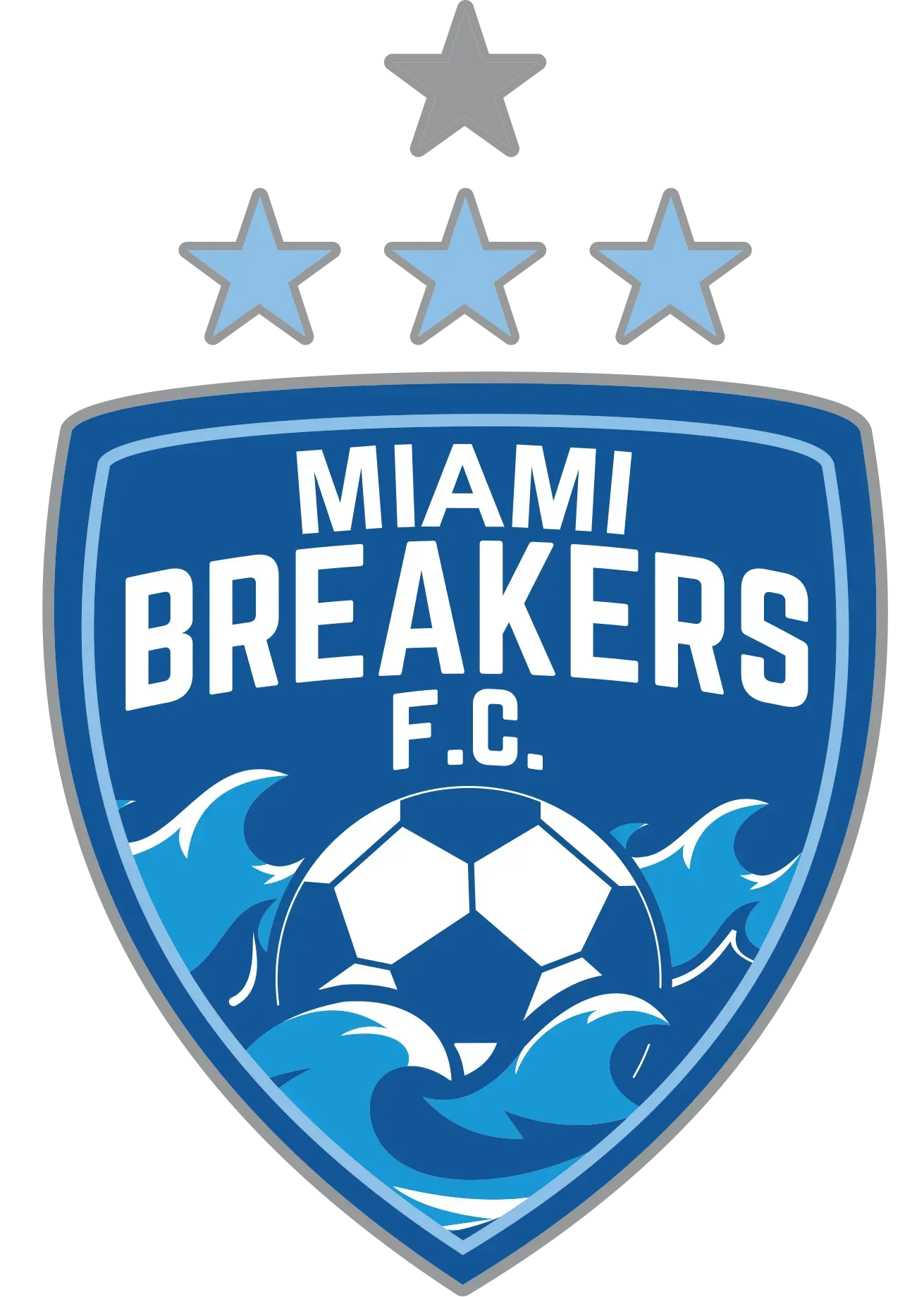 Logo for Miami Breakers F.C., a shield shape with text, waves, and a soccer ball. Three stars top the logo.