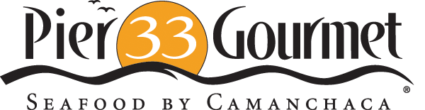 Logo for Pier 33 Gourmet seafood by Camanchaca, featuring text over an orange circle with the number 33, wavy lines, and birds.