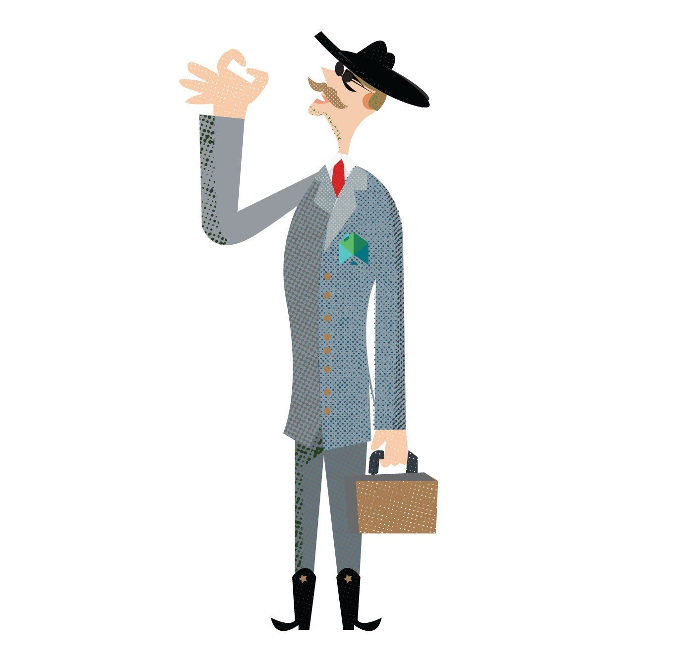 A cartoon man in a suit and cowboy boots holds a briefcase, making an 