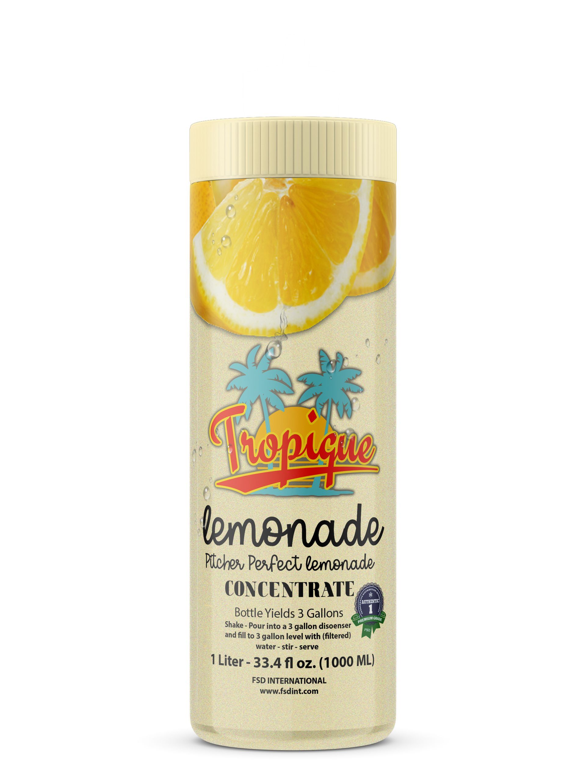 A cylindrical Tropique lemonade concentrate bottle, featuring a lemon slice image, palm tree graphics, and label.