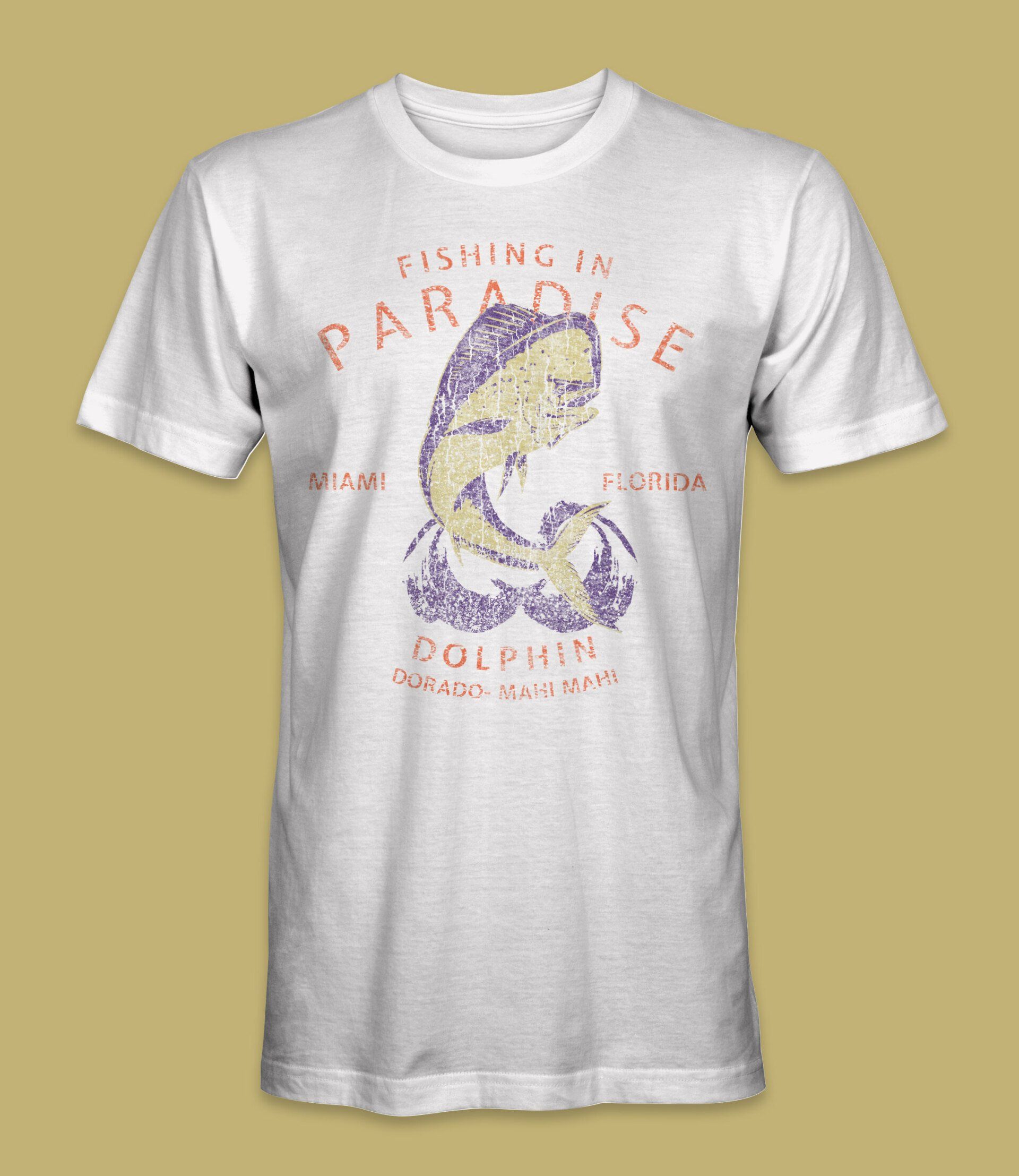 White t-shirt with a vintage-style design of a dolphin with 