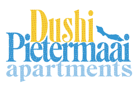 Logo for Dushi Pietermaai apartments, featuring the name in blue and yellow, with a small blue figure diving.