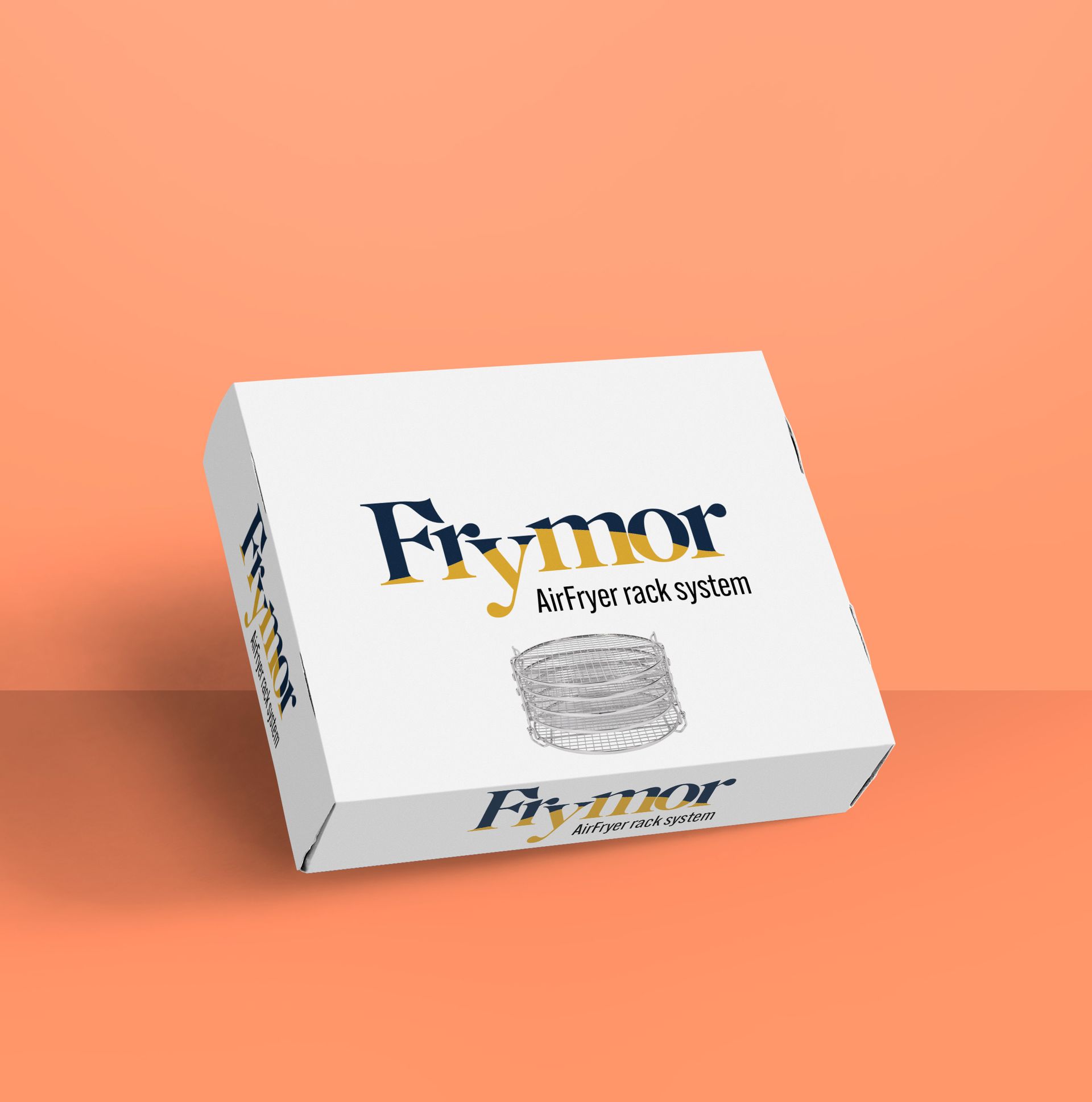 Box of Frymor air fryer rack system on an orange background. The box is white with dark blue and gold text.
