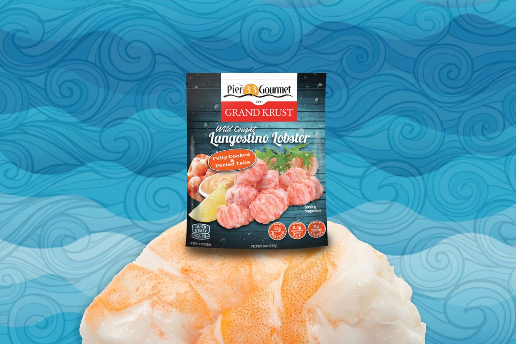 Frozen shrimp package atop a large cooked shrimp, against a blue water-themed background.