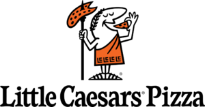 Little Caesars Pizza logo: Cartoon Caesar figure holding pizza slice and spear topped with pepperoni; white background.