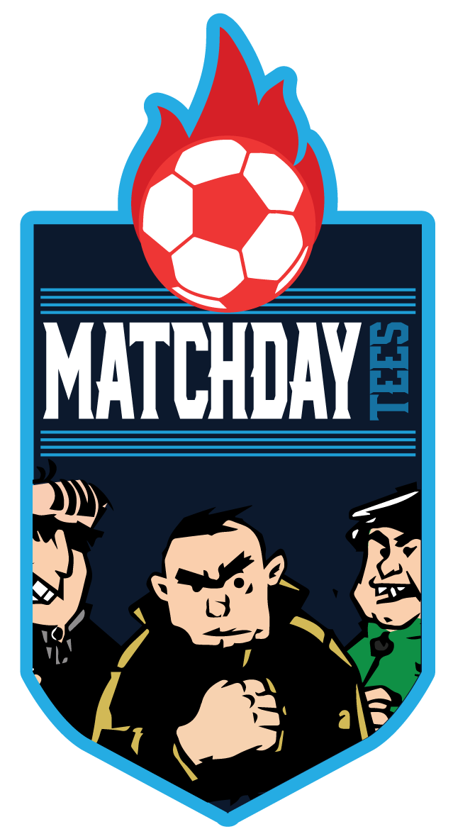 Logo for Matchday Tees: a soccer ball on fire above three angry, cartoon-like men. The logo is in a shield shape with blue and white details.