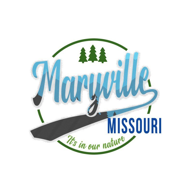 Maryville, Missouri logo with blue script text, a dark gray design, three green trees, and the slogan 