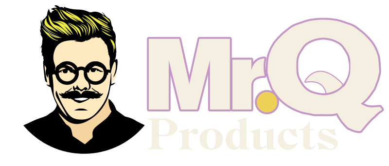 Logo of Mr. Q Products with a stylized man in glasses, mustache, and yellow hair. The text features light purple and yellow accents.