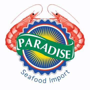 Logo for Paradise Seafood Import featuring two red shrimp, a central blue and yellow emblem, and green banner with 