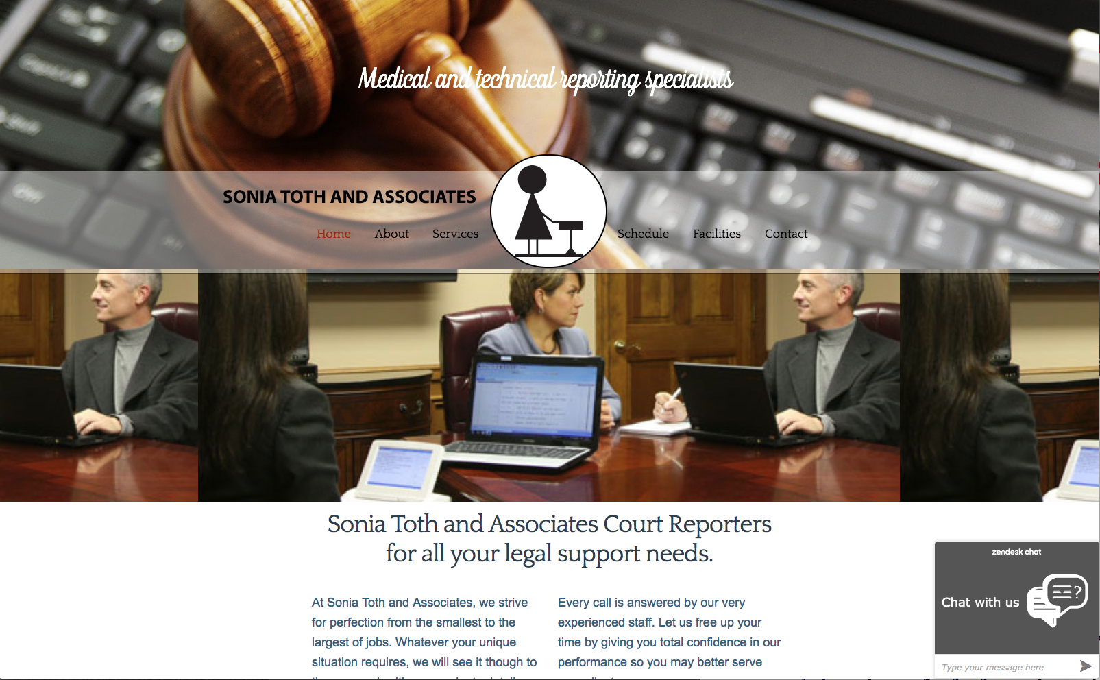 Website for Sonia Toth and Associates court reporters, featuring a team in a meeting and a gavel.