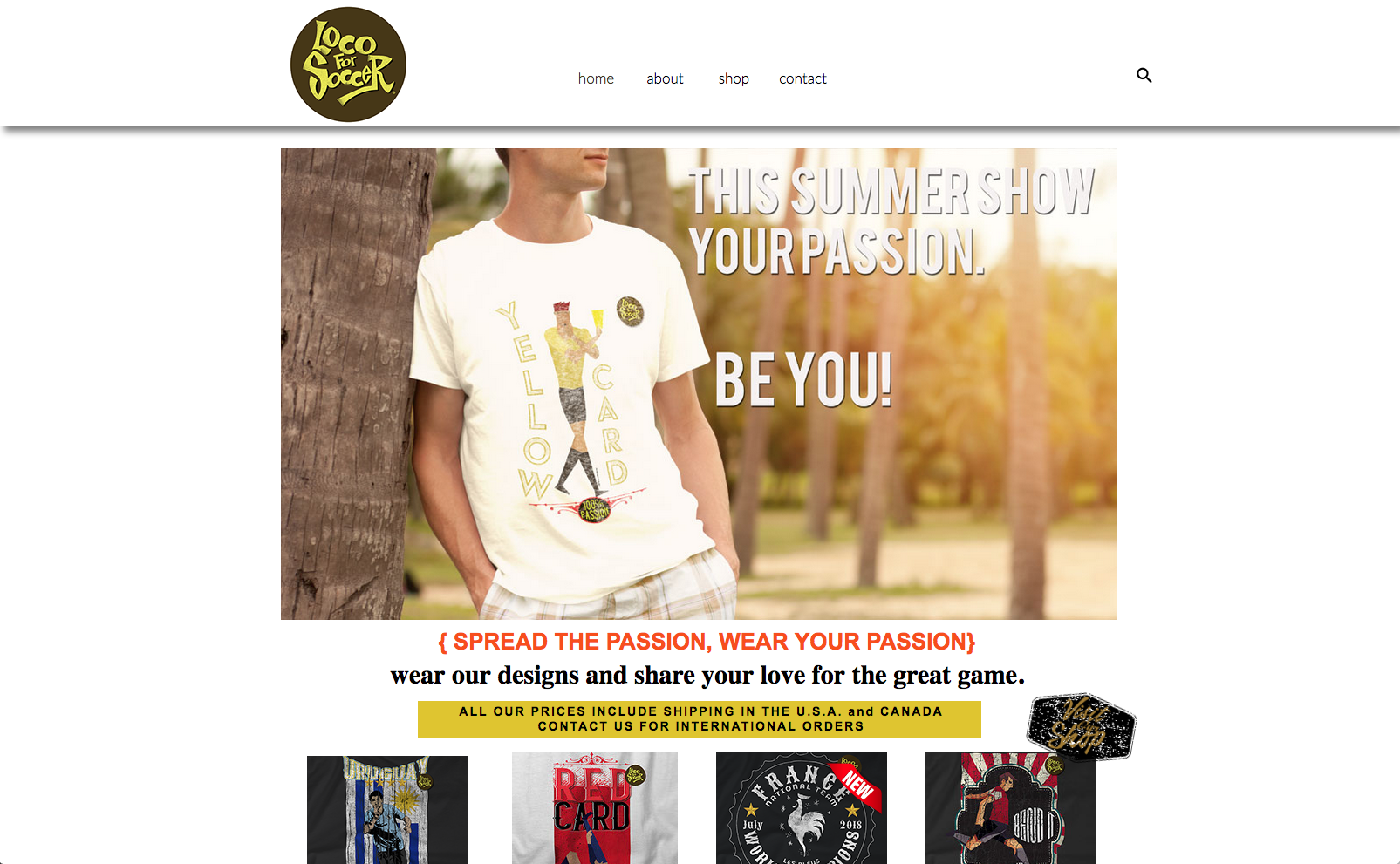 A website homepage with a person wearing a t-shirt with a design on it. Text 