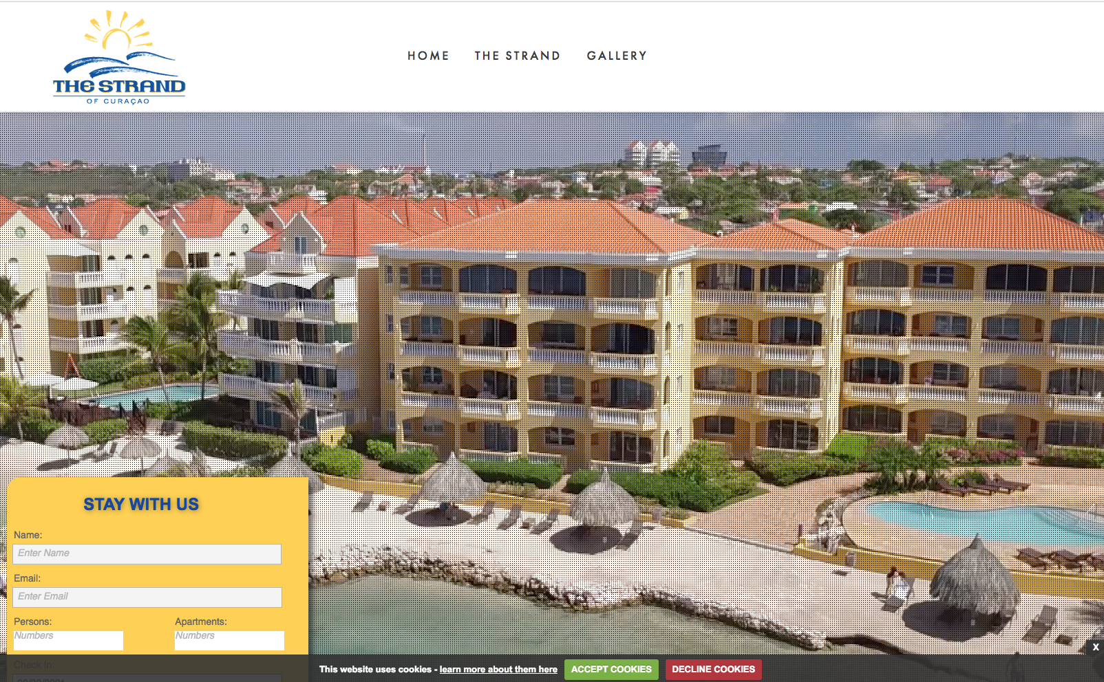 Resort property with multiple buildings and a pool, with a booking form overlaid on the bottom left.