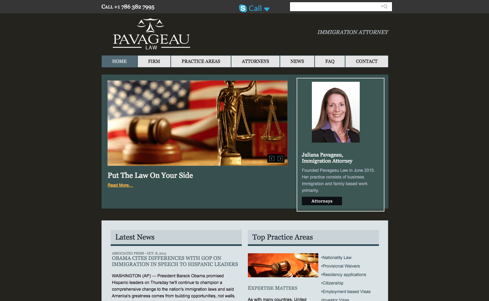 Website homepage featuring the Favadeau Law logo, blog sections, and a photo of attorney Jennifer Favadeau.