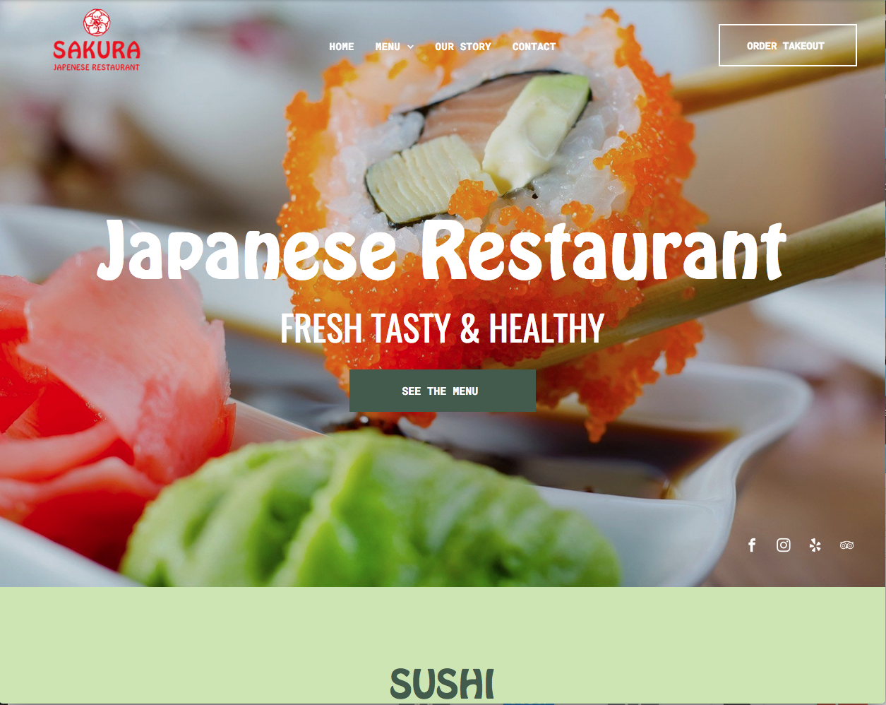 Sakura Japanese restaurant homepage: sushi roll being picked up with chopsticks; ginger, wasabi, and soy sauce in the foreground.