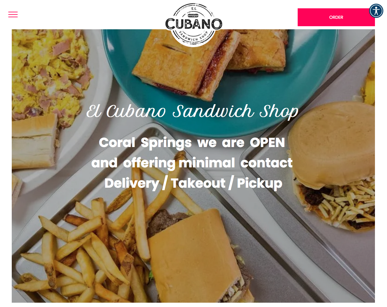 Website for El Cubano Sandwich Shop in Coral Springs, showing food options like sandwiches, fries, and offering delivery and takeout.