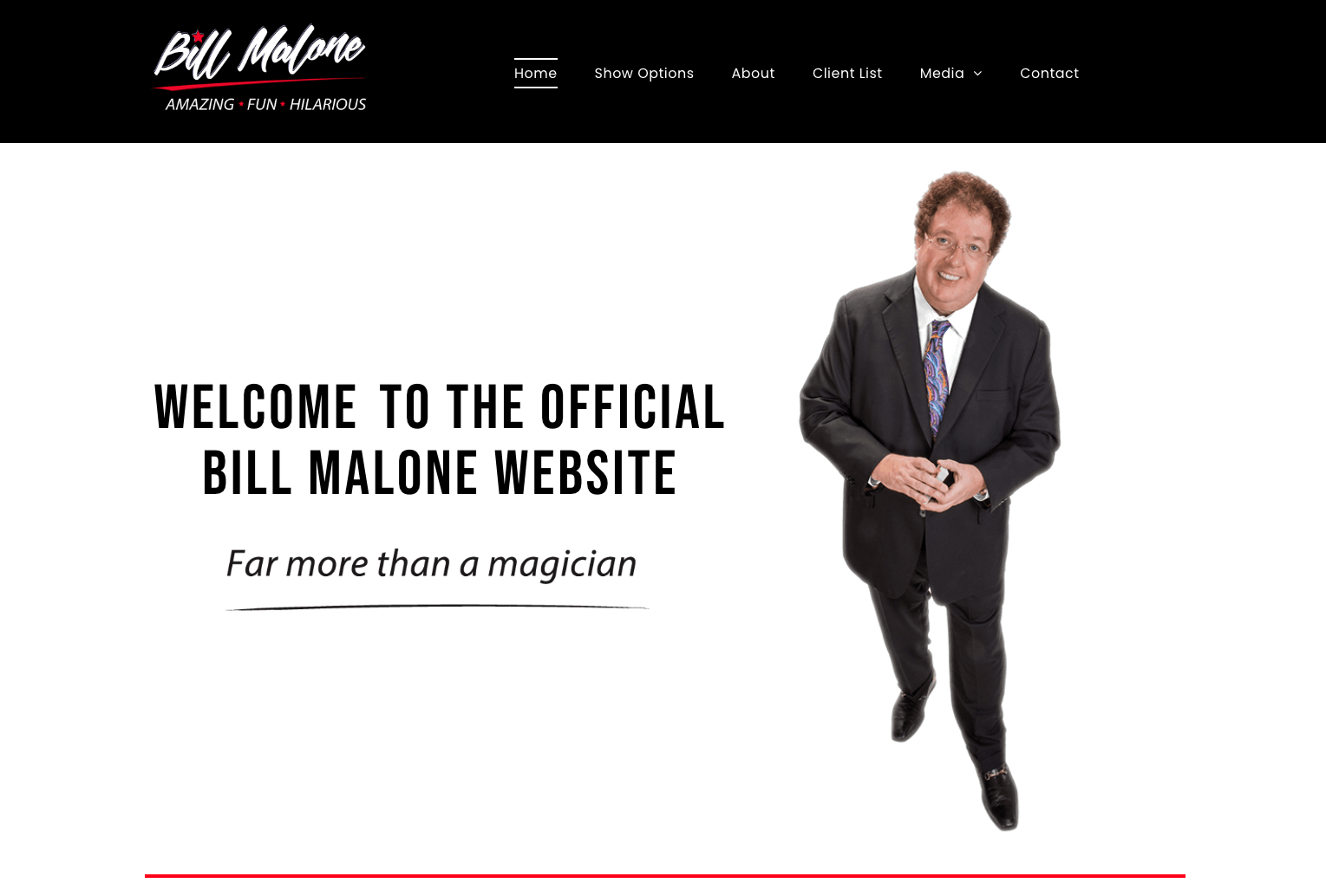 Bill Malone on his website, wearing a suit, against a white background. Text reads 